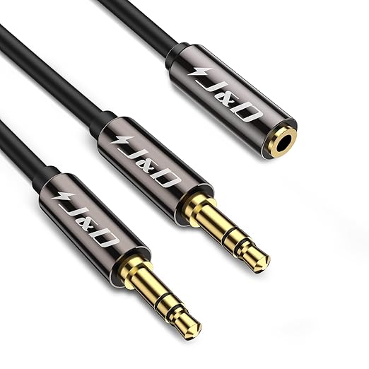 J&D 1/8 Inch TRS Stereo Y Splitter Cable, Gold Plated Copper Shell 3.5mm Female to Dual Male Adapter, Only Suitable for Switching, 2 Feet