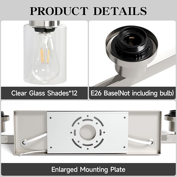 DIKAIDA Brushed Nickel Bathroom Vanity Light, 12 Light Brushed Nickel Bathroom Lighting fixtures Over Mirror, Brushed Nickel Bathroom Vanity Lights Wall Lighting for Mirror Bedroom, Living Room