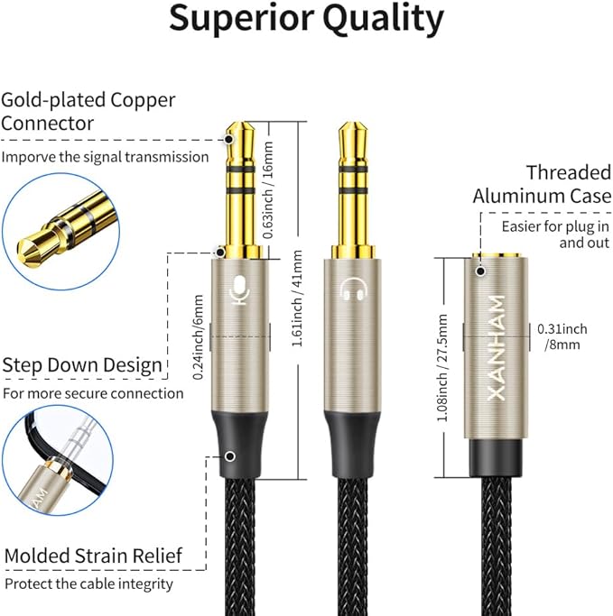 XANHAM 3.5mm Headphone Splitter for Computer Y Shape 1/8 Inch Aux 2 TRS Male to 1 TRRS Female Mic and Audio 4 Pole Headset Stereo Earphone Adapter Cable Cord Compatible with PC, Laptop, Gaming, etc