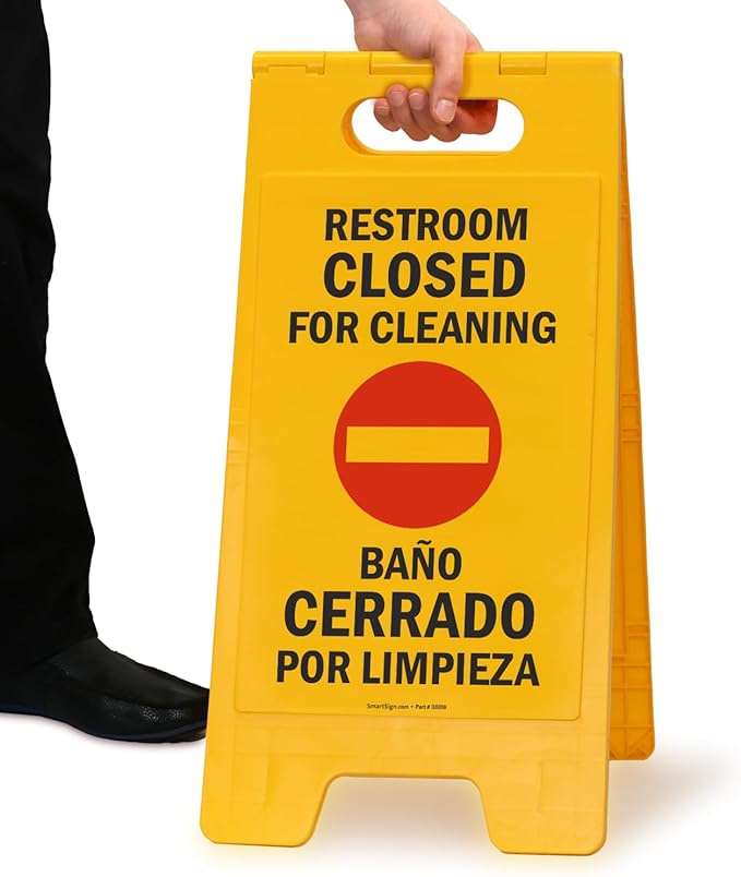 SmartSign 25 x 12 inch “Restroom Closed for Cleaning" Bilingual Two-Sided Folding Floor Sign, Plastic, Red, Black and Yellow