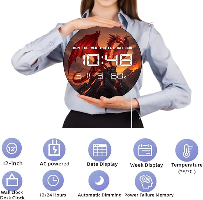 Timethink 12'' Red Fire Dragon Digital Wall Clock LED Display, Fantasy Medieval Gothic Decor Electric Wall Clock with Temperature, 12/24hr, Date, Auto-Brightness, USB Powered for Bedroom Living Room