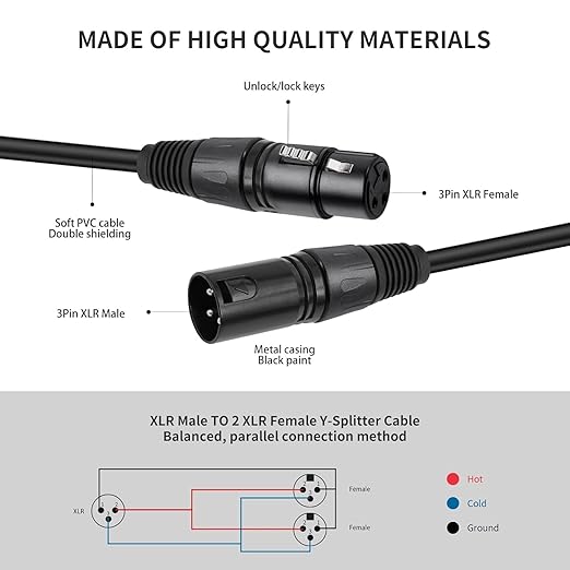 5 Pack XLR Splitter Cable,1 Maleto 2 Female, 1.5FT Stereo Mic to L&R Audio Y-Splitter Cable