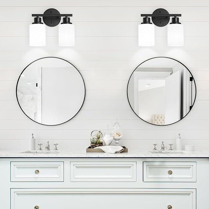 Guliaofo 2-Light Vanity Lights, Black Bathroom Light Fixture with Striped Textured Milky White Glass Shade, Modern Vanity Lighting Fixture for Bathroom Wall Light Over Mirror, E26 Wall Sconce