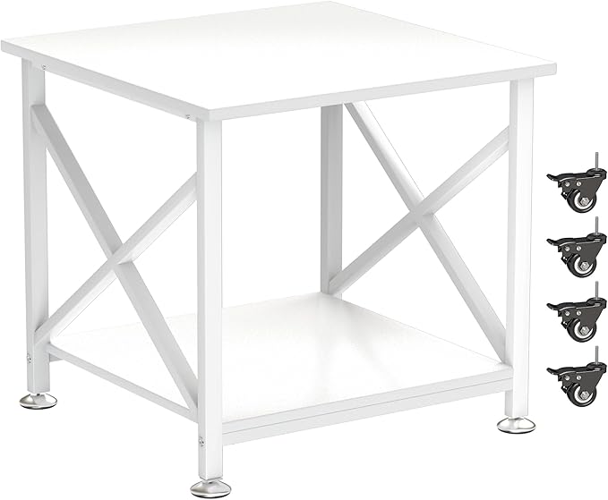 TQQDCI Printer Stand, 23.6 x 23.6 Inches Large Printer Stand with Storage Shelf, 2 Tier Printer Table for Home Office, Rolling Printer Cart with Industrial Wheels, Mini Fridge Stand Table, White