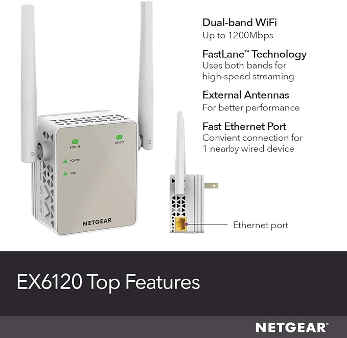 NETGEAR WiFi Range Extender (EX6120) - Add up to 1,500 sq. ft., 25 Devices - AC1200 Dual Band Wireless Signal Extender (Up to 1.2 Gbps Speed), Compact Wall Plug Design – Free Expert Help