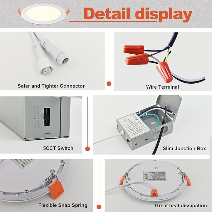 MKUJOO 12 Pack 4 Inch Ultra-Thin 5CCT LED Recessed Ceiling Light with Junction Box,panel light,9.5W,2700K/3000K/3500K/4000K/5000K Selectable Dimmable recessed lighting ETL&FCC&CE Energy Star Certified