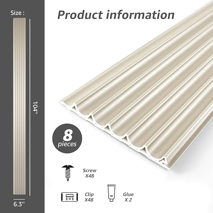 Art3dwallpanels Slat Wall Paneling, 104'' x 6.3'' Glossy Metal Finish WPC Soundproof 3D Wall Panels for Interior Wall Decor, 8 Pack Wavy Grain Panel Wall Slats, Champagne Silver