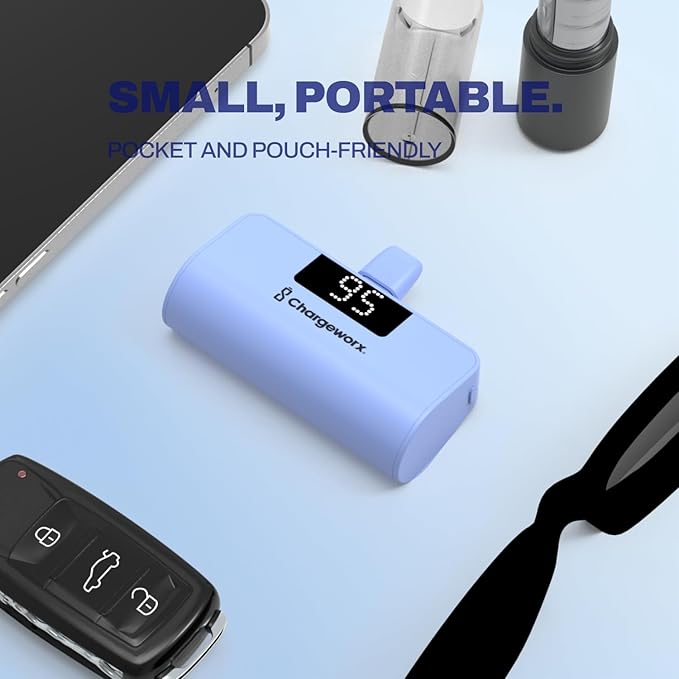 CHARGEWORX Mini Portable Charger Power Bank with Built-in USB-C Connector, Compact 5,000 mAh Power Bank with Fast-Charge Dual Output, Pass-Through Charging, LCD Display for Battery Status, Coral Blue