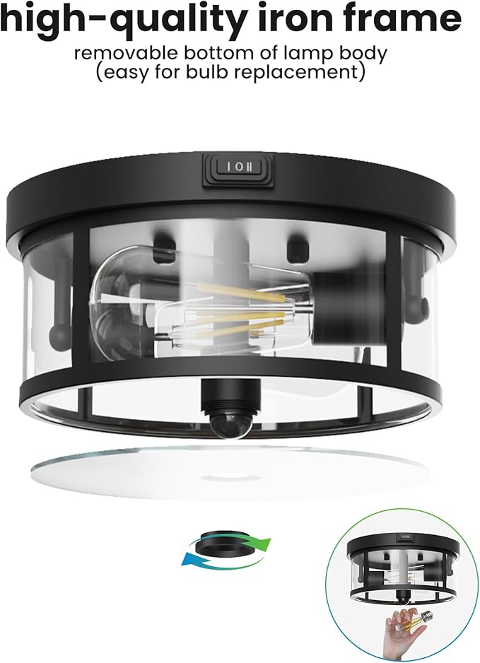 Craftersmark Outdoor Flush Mount Ceiling Light - 12.5in Motion Sensor Porch Light, 2-Light E26 Socket, Durable Iron & Clear Glass, Light Fixtures for Porch, Driveway, Covered Patio, Farmhouse