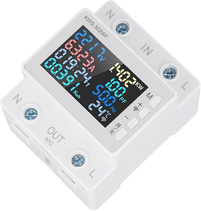 LCD Digital Energy Meter, Single Phase Energy Meter, Din Rail Electricity Usage Monitor, Power Usage Monitor AC170V~270V Power Voltage Meter(KWS-302WF)