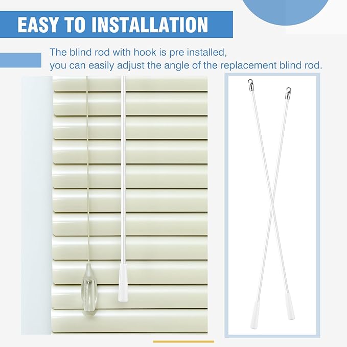 Bokon 2 Pieces White Fiberglass Blind Wand Vertical Blinds Stick Replacement with Hook and Handle for Window Opener Accessory(48 Inch)