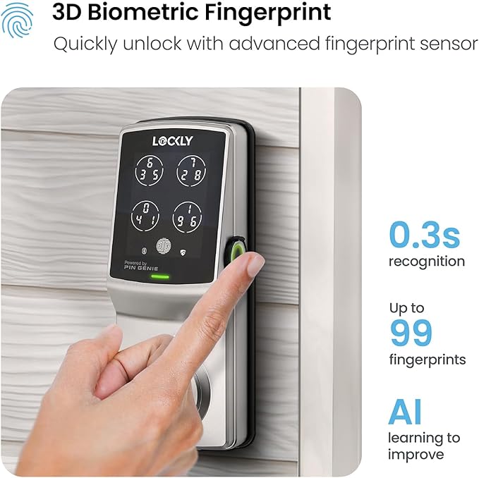 Lockly Secure Plus, Keyless Entry Door Lock, Smart Locks for Front Door, Smart Lock Deadbolt, PIN Genie® Keypad, 3D Biometric Fingerprint Sensor, Auto Lock Smart Door Lock