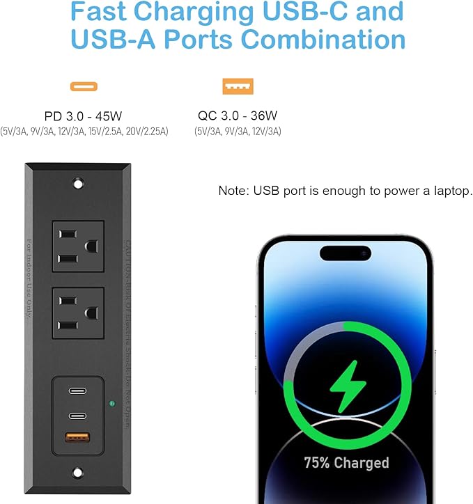 CCCEI Recessed Power Strip with 45W USB-C Ports, Fast Charging USB A Port Desk Outlet, Black Furniture Hidden Charging Station for Side Table, End Table, with 10FT 45 Degree Flat Plug Extension Cord.