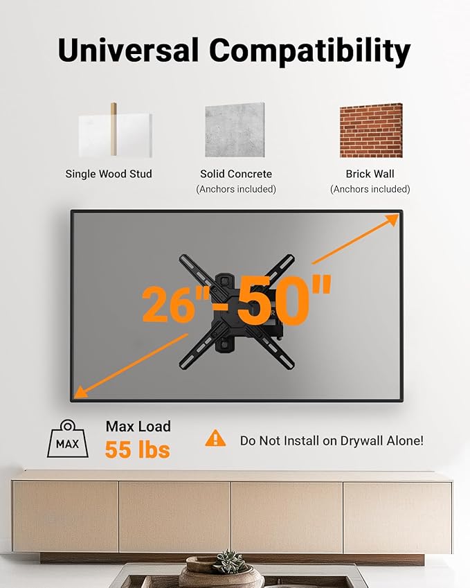 Perlegear Full Motion TV Wall Mount for Most 26–50 Inch TVs, Max VESA 300 x 300mm, TV Monitor Wall Mount Bracket with Rotation, Swivel, Tilt, Extension and Leveling Adjustment, Holds up to 55 lbs