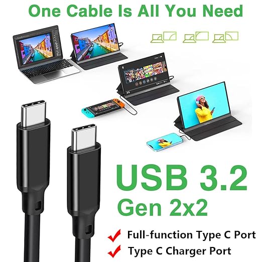 10FT USB-C 3.2 Gen 2×2 Display Monitor Video Link Data Transfer Cable for Lepow Z1 15.6 In, InnoView, ASUS ZenScreen, KYY, Cocopar, Arzopa, AOC, Type-C High Speed Portable Monitor Charger Power Cord