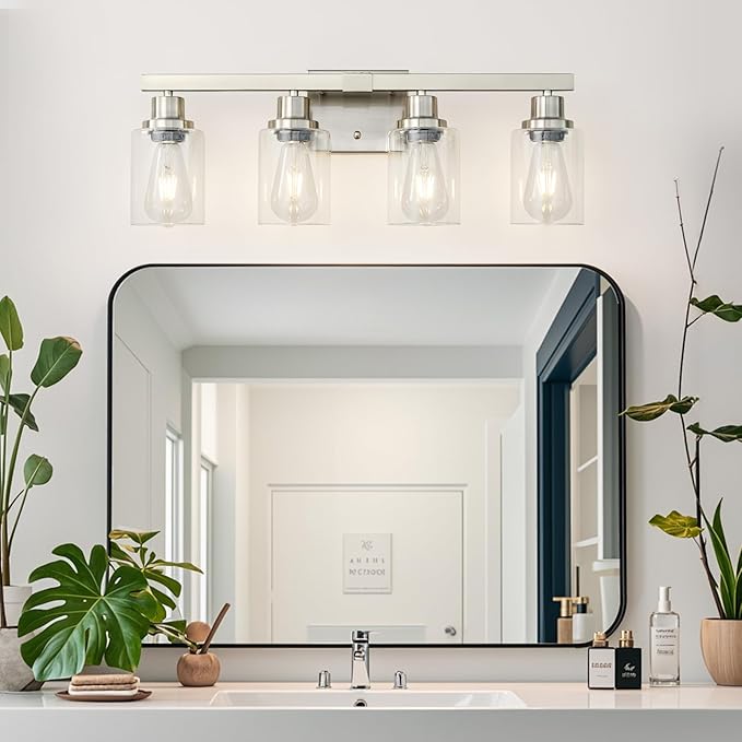 DIKAIDA Bathroom Vanity Light, 4-Light Nickel Modern Matte Wall Sconce Lighting with Clear Glass Shade, Wall Lights,Bath Vintage Wall Mounted Lamps for Mirror Bedroom Living Room