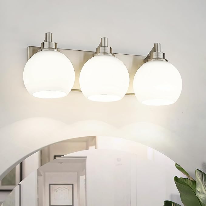 METWET Bathroom Light Fixtures, 3-Light Brushed Nickel Vanity Light, Modern Wall Sconces with Milk White Globe Glass Shade, Vanity Lighting Fixtures Over Mirror, VL195-BN-ML-3