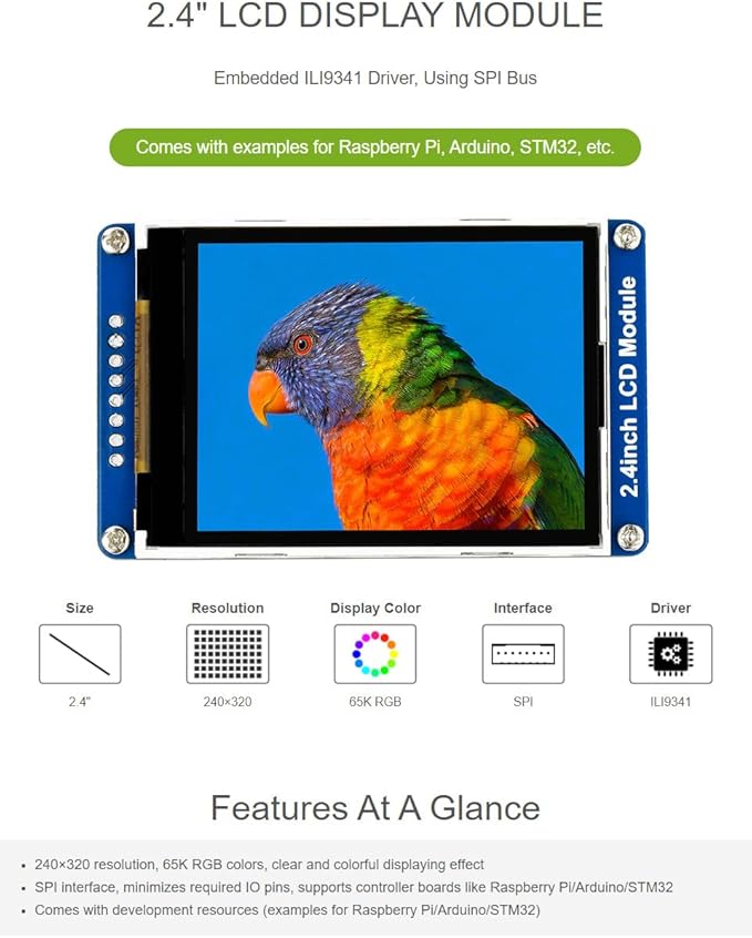 waveshare 2.4inch LCD Display Module with 65K RGB Colors 240×320 Resolution SPI Interface