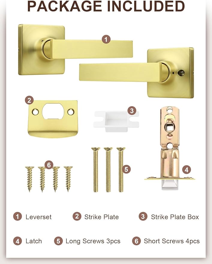 Mengico 4 Pack Passage Door Levers Gold Finish, No-Locking Keyless Square Door Knob, Interior Door Handles for Closet and Hallway, Reversible for Left & Right Handed