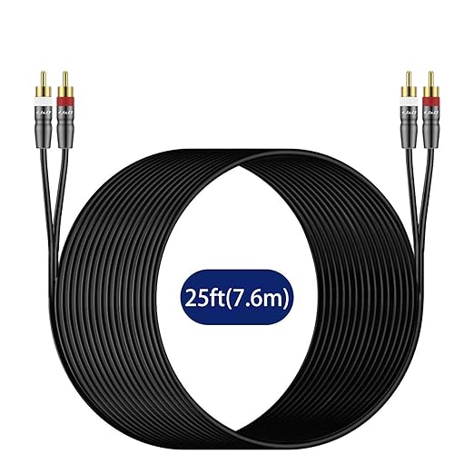 J&D RCA Cable, 2 RCA Male to Male Stereo Audio Cable, Gold-Plated Copper Shell, Heavy Duty, Compatible with Speaker, Amplifier, Subwoofer, 25 Feet
