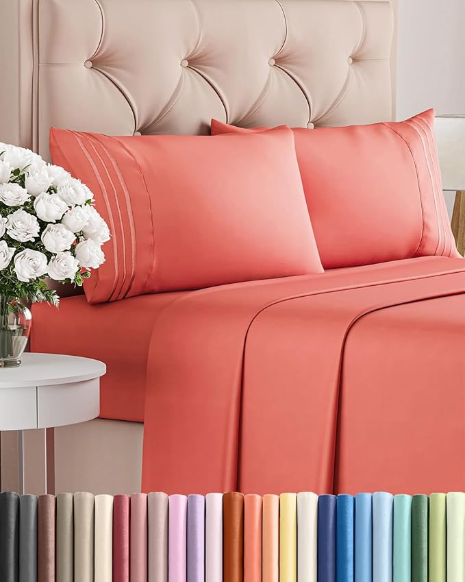 Queen Size 4 Piece Sheet Set - Comfy Breathable & Cooling Bed Sheets Set - Hotel Luxury Bedding for Women, Men, Kids, Teens, Boys & Girls - Deep Pockets, Ultra-Soft, Wrinkle Free - Oeko-Tex - Coral
