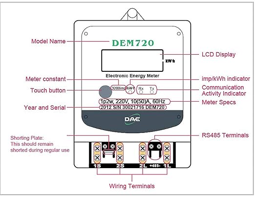 DAE DEM720-1P Electric kWh Submeter, RS485, 1P2W(1 Hot wire, 1 Neutral), 120v, 50A, Internal CT
