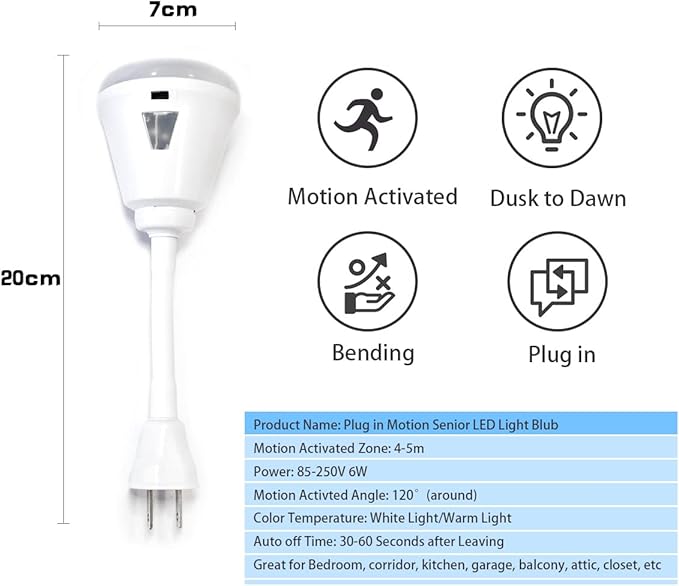 eyesfon Plug in Motion Sensor Night Light, LED Infrared Sensor Light 6W Light AC 85-265V PIR Infrared Sensor Motion Detector Light Bulb Lamp (White Light, US Plug)