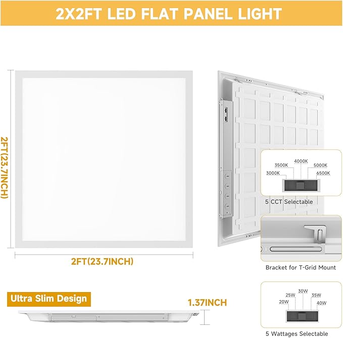 6 Pack 2x2 LED Flat Panel Light Drop Ceiling Office Fixture,Surface Mount Drop Ceiling Fixture,4800LM, 20W/25W/30W/35W/40W Selectable,3000K/3500K/4000K/5000K/6500K 5CCT,Dimmable (0-10V),ETL Listed