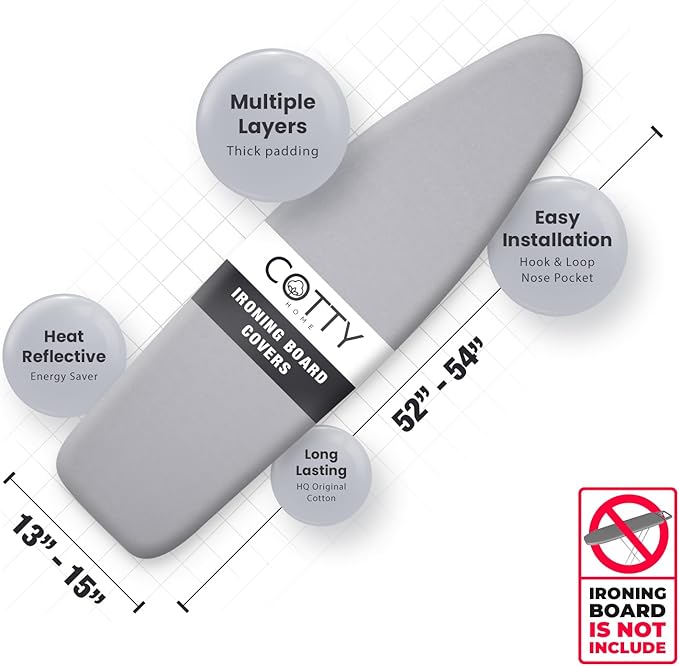 COTTY HOME Extra Thick Ironing Board Covers with Pad Standard Size 15x54, Heat Reflective Full Scorch Resistant Padding, Snug Fit Non-Slip Nose Pocket Fastener Straps Elastic Edges, Gray