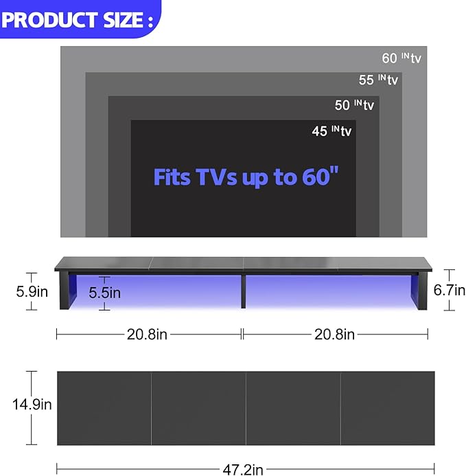 aboxoo 47" TV Riser with Light for 32-60 inch TV, TV Riser Stand Shelf, Tabletop TV Stand Riser, Computer Monitor Table for Home Living Room, Study Office (Black)