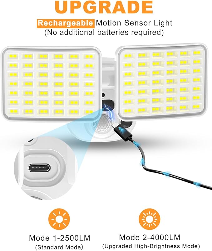 Rechargeable Battery Motion Light, 2500LM & 4000LM Dual Modes Motion Sensor Security Lights, USB Charging Wireless Flood Light Battery Powered, LED Outdoor Lights for Garage,Yard,Porch,Shed(2 Packs)