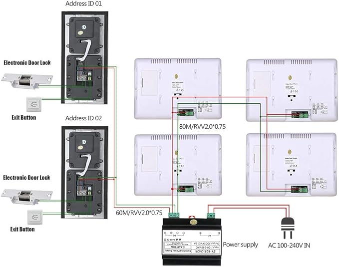 4 Apartment Bus 2 Wire Video Door Phone Intercom Systems 7 Inch Kit for Electronic Door Lock Home Night Vision