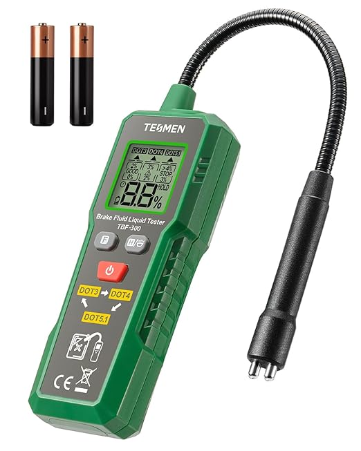 TESMEN TBF-300 Brake Fluid Tester with 8.5-Inch Corrosion Resistance Gooseneck Probe, Testing for DOT3, DOT4, DOT5.1, Brake Fluid Tester Pen with Light, Data Hold, Backlight Alarm for Auto Care-Green