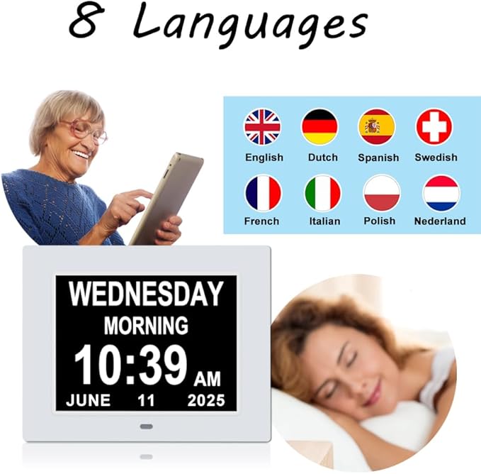 Jaihonda Dementia Clocks for Seniors Large Display Digital Clock with Date and Day of Week for Elderly 8 Alarm Options Digital Clocks with Large Number-7 Inch White