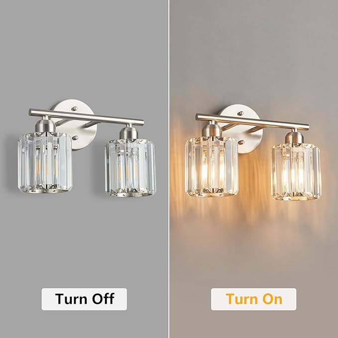 FDPBY Modern 2 Light Crystal Vanity Light, Brushed Nickel Vertical Bathroom Light Fixture Over Mirror for Dressing Table Sink, Compatible with Dimmable Bulbs (Bulbs Not Included)