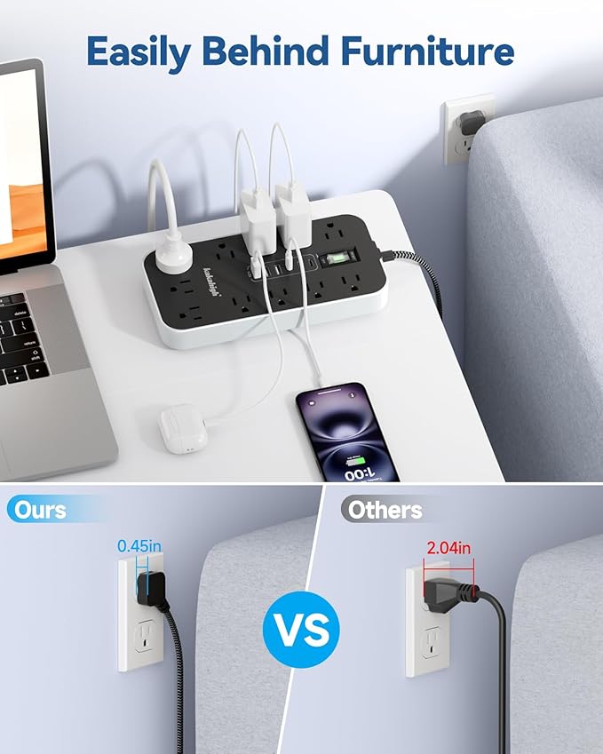 Extension Cord with USB Ports- 5 FT Power Strip with USB, 1625W Multi Outlet with 11 AC Outlet 6 USB (24W/4.8A), Charging Station for Multiple Devices, for Home, Office, Dorm, Gaming Room Essentials