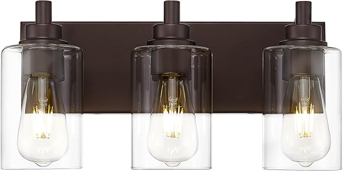 METWET 3-Light Bathroom Light Fixtures, Modern Vanity Light with Cylinder Clear Glass Shade, Vanity Lighting Fixtures Over Mirror, Oil Rubbed Bronze, VL143-ORB-3