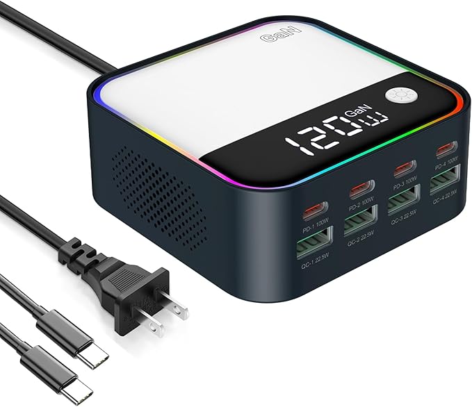 120W GaN USB C Charger Block Fast Charging, MultiPort USB Charging Station with Rainbow Gradient Light & LED Display for iPhone, Samsung Galaxy, iPad, Tablet, Laptop, Drones, Headphones
