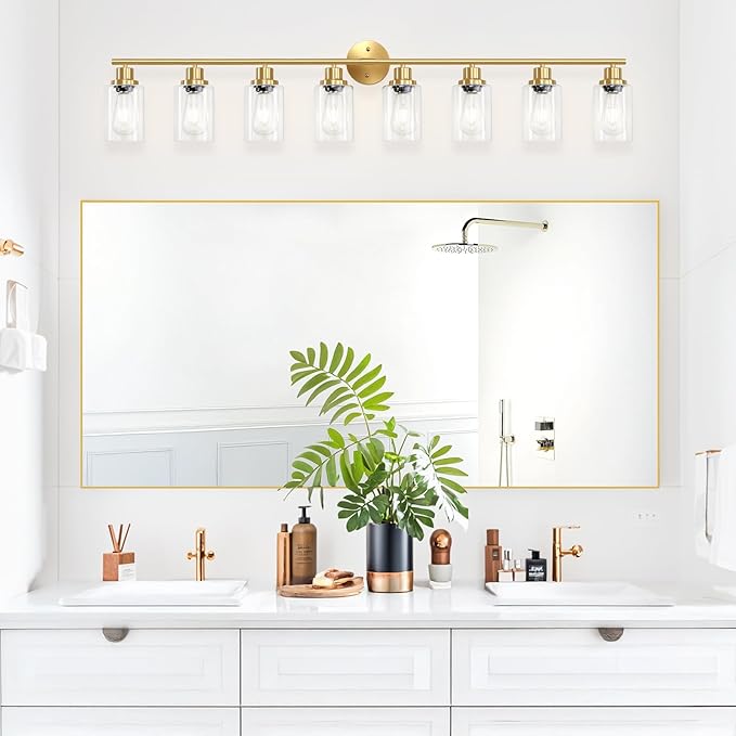 Guliaofo 8-Light Brushed Gold Vanity Lights for Bathroom, Lighting Fixtures Over Mirror with Clear Glass Shade, Modern Kitchen Light Fixtures Wall Lamps Sconce Light - E26 Base