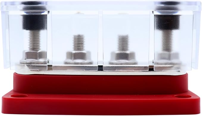 AMOMD 300A PowerBars 4 Terminal Studs (5/16 inch) M8 Nickel Plated Copper Distribution Block Electrical Negative Bus Bars Ground Block with Cover for Trailer Marine Boat Car RV (Red)