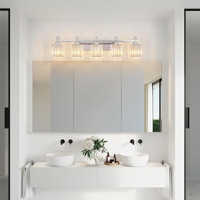 FDPBY Vanity Lights 5-Light Modern Crystal Vanity Light Chrome Bathroom Light Fixtures Over Mirror Crystal Bathroom Vanity Lighting Fixtures