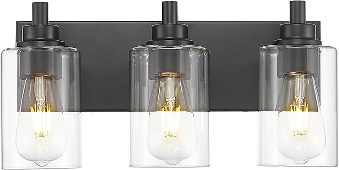 METWET 3-Light Bathroom Light Fixtures, Black Vanity Light with Cylinder Clear Glass Shade, Modern Vanity Lighting Fixtures Over Mirror, VL143-MB-3