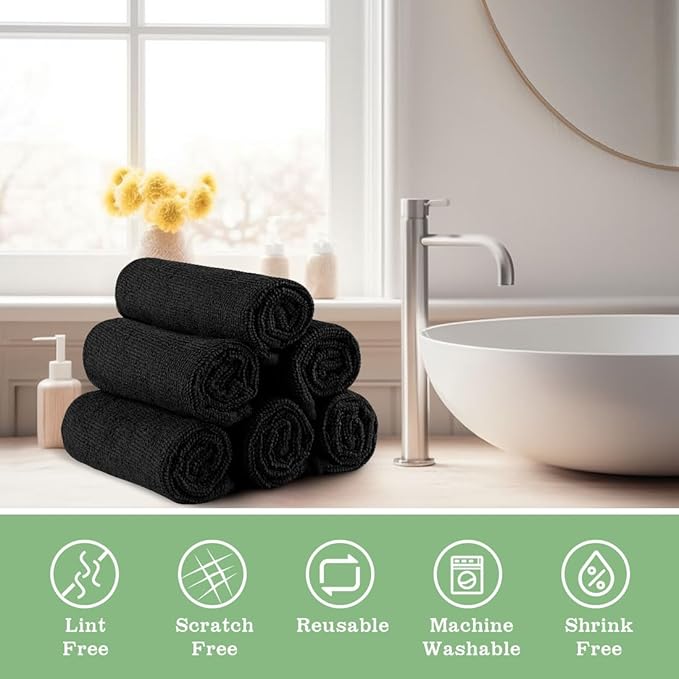 UNIMADE Washcloths - 20 Pack - Face Towels (12" x 12"), Highly Soft Wash Cloths and Hand Towels, Fast Drying Multi-Purpose Microfiber Cleansing Cloths for Bathroom, Hotel, Spa, and Salon - Black