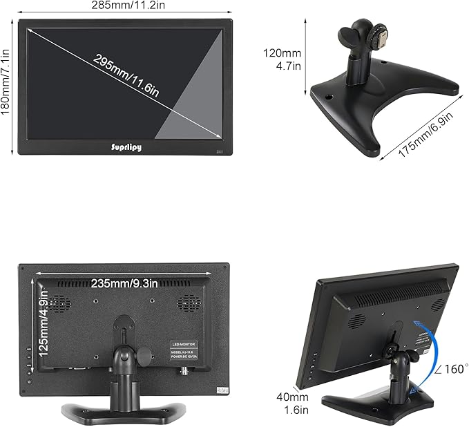 Suprlipy 12 inch FHD Small IPS Monitor LCD Display Screen 1920x1080 60Hz 16:9 with BNC VGA AV Input Built-in Lounspeakers for CCTV Security Camera DVR PC RasPi