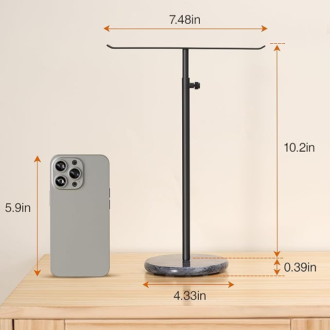 Josmimic Black Necklace Holder Jewelry Organizer Stand – Adjustable Height T‑Bar Jewelry Display with Dark Gray Marble Base, Necklace & Bracelet Holder, Countertop Jewelry Rack