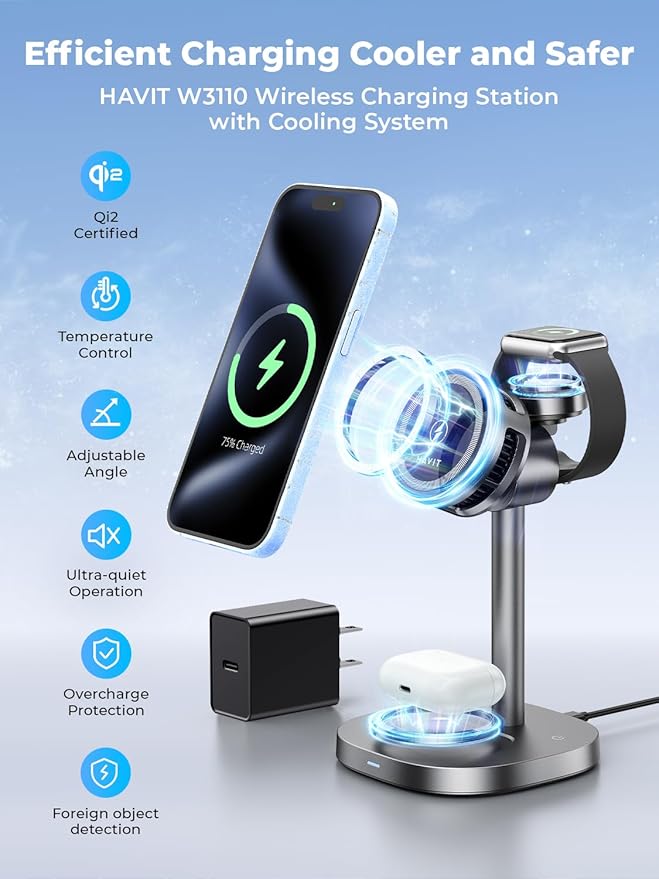 havit 3 in 1 Wireless Charging Station, Qi2 15W Cooling Magnetic Charging Stand, MagSafe Fast Wireless Charger for iPhone 17/16/15/14 Series, Apple Watch, AirPods, 45W Adapter Included