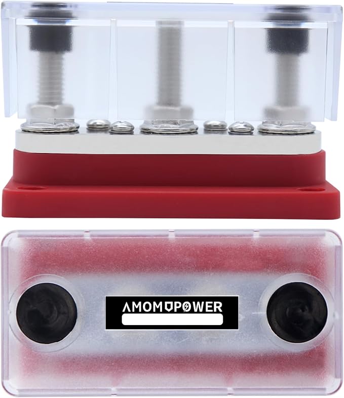 AMOMD 300A Bus Bar 3 Terminal Studs (3/8 inch) M10 4x8#-32 Screws Nickel Plated Copper Distribution Block Negative Electrical Buss Bars 12-48 V DC with Cover for Trailer Marine Boat Car RV (Red)