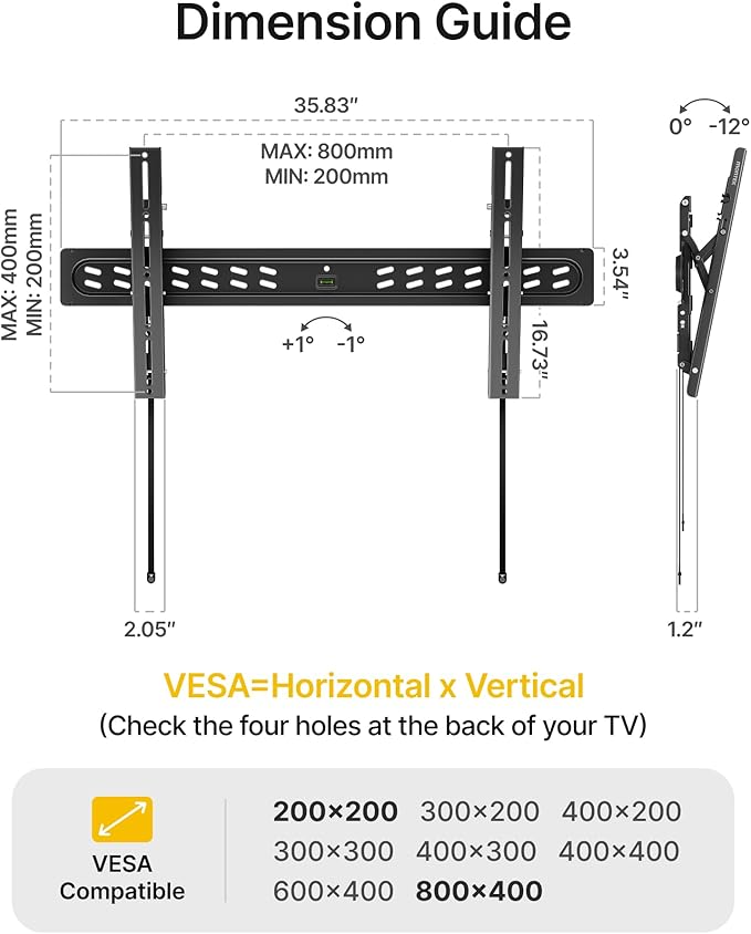 monTEK Ultra Slim Tilting TV Wall Mount Bracket for 43–95" Flat & Curved TVs, 1.2" Low Profile, Anti-Glare Tilt, Holds 150 lbs, Supports VESA 800x400, Fits 16"/18"/24"/32" Studs, TM1006W-LT
