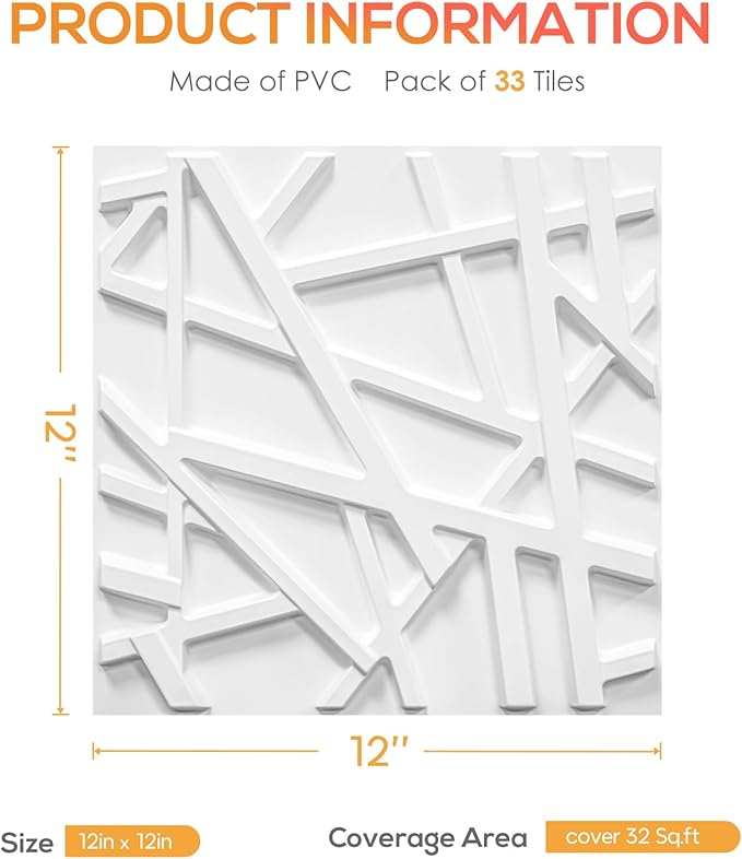 LEVOWAY 33 Pack 3D Wall Panels for Interior Wall Decor, 12''x12'' White Accent Textured Wall Panels, Wall Covering Panles for Living Room, Gaming Room, TV Background, Cover 32 Sq.Ft