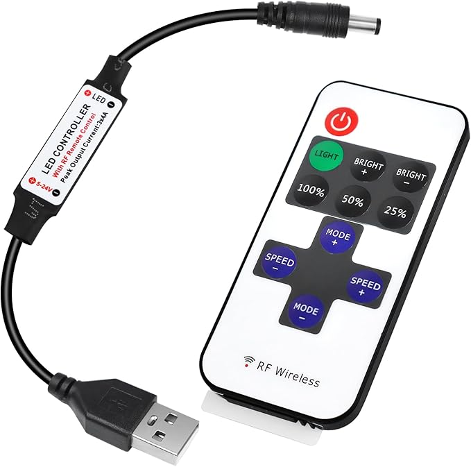 RF Mini Wireless Remote Controller for Single Color 3528 5050 LED Strip Lights, Wireless Remote Control with USB and DC Connector, RF Dimmer for 12V DC LED Ribbon, Shelf Lights